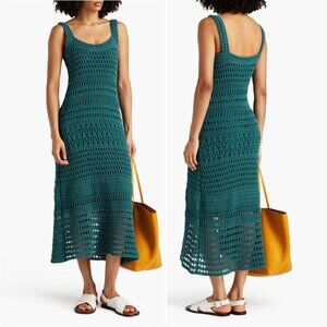 VINCE Lace Crochet Knit Midi DRESS Size L Teal Green Cotton Blend NEW $525